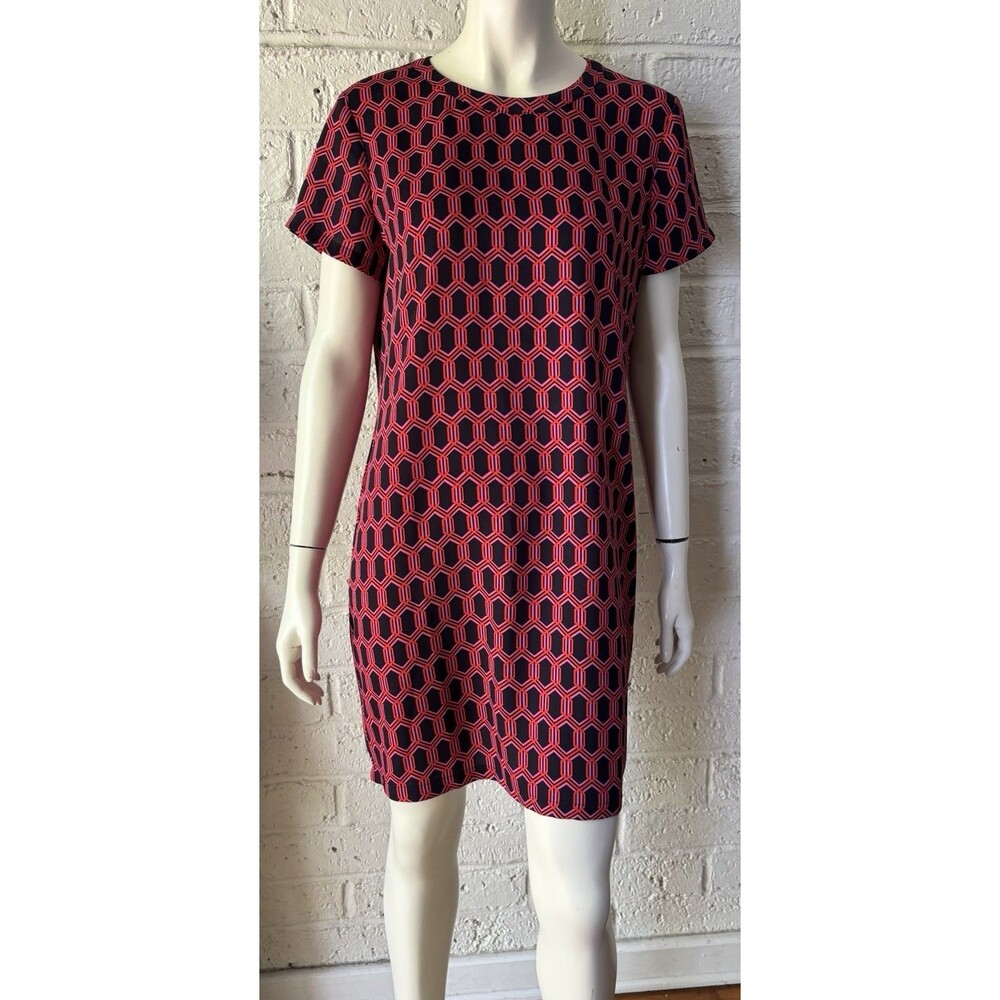 Adrienne Vittadini  Shift Dress 12 Navy Blue Pink Red Hexagon Geometric